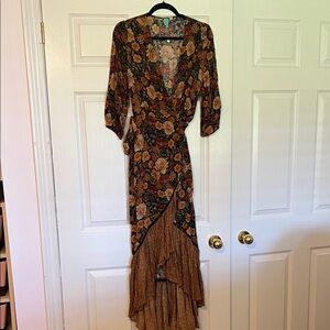 FARM Rio Floral High Low Dress in Black and Gold wrap dress